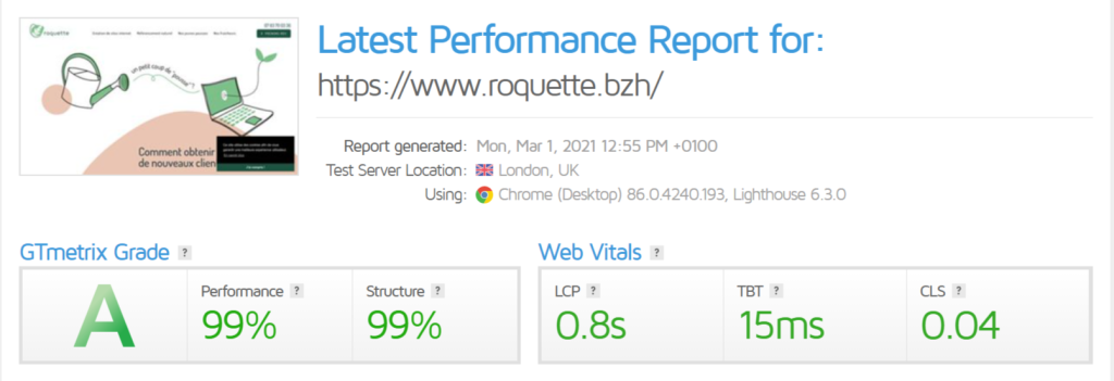 Les scores du site de notre agence web sur GTmetrix. À droite, les web vitals.